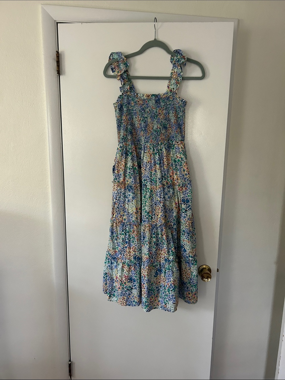 J. Crew Blue Multi Floral Smocked Midi Dress